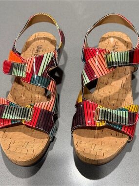 Vaneli Multicolor Striped Cork Wedge Sandals
